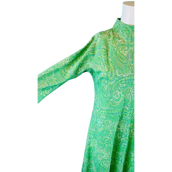Vintage 1960s Lime Paisley Print Dress Green Mockneck Sheath | B 32" - Picture 3 of 8